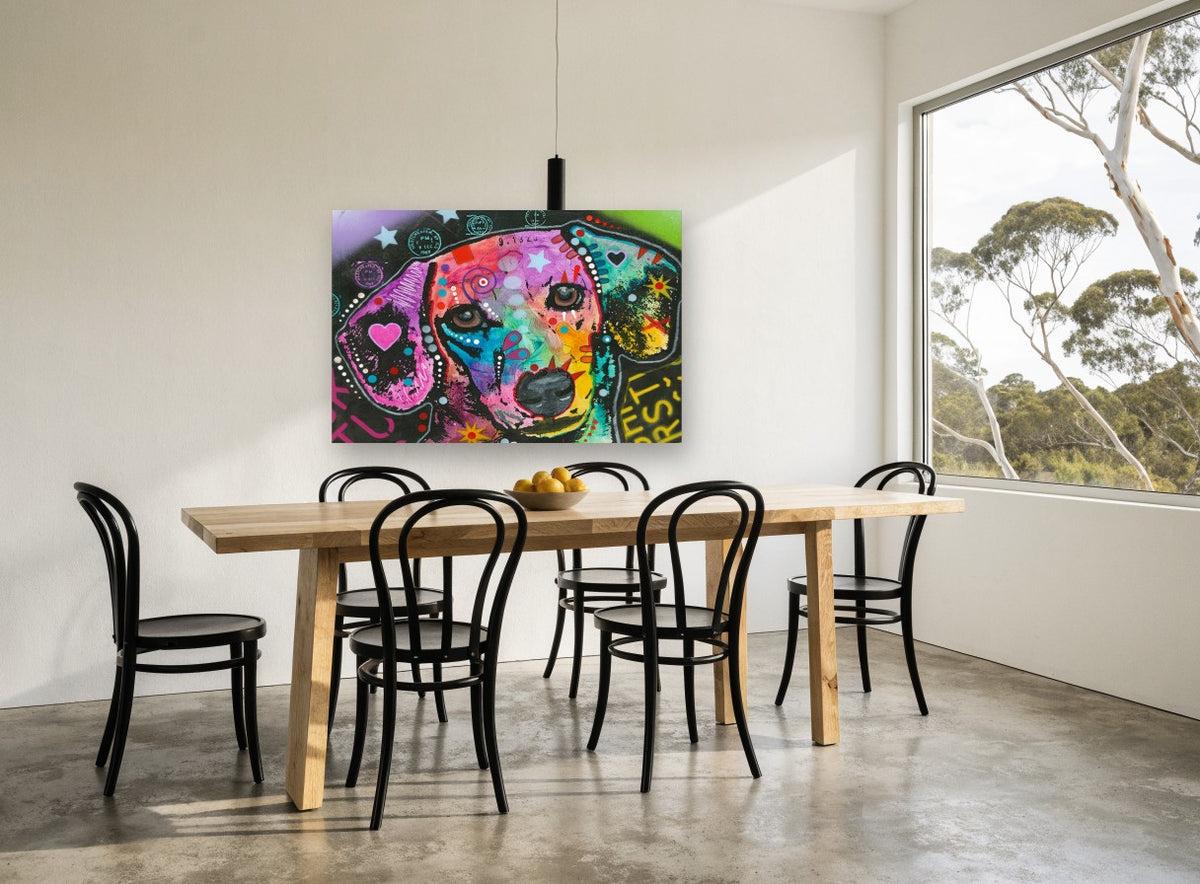 Neon Hound Pop animal canvas print on the wall of a dining room