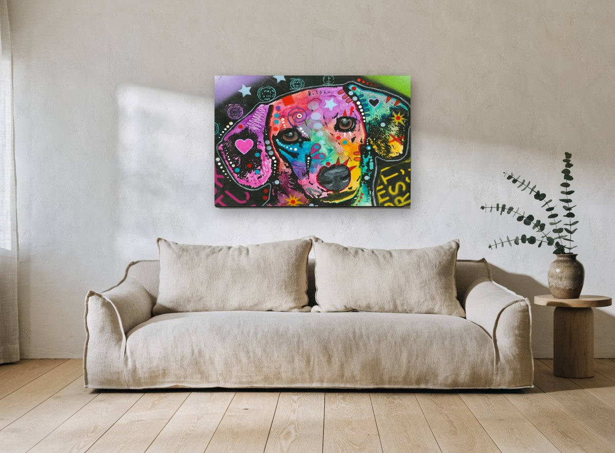 Neon Hound Pop animal canvas print on the wall of a living room