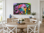 Neon Hound Pop animal canvas print on the wall of a Hamptons dining room