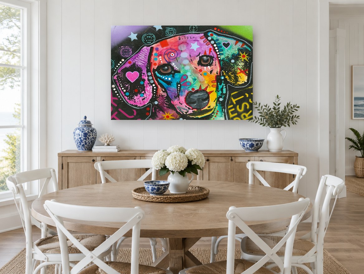 Neon Hound Pop animal canvas print on the wall of a Hamptons dining room