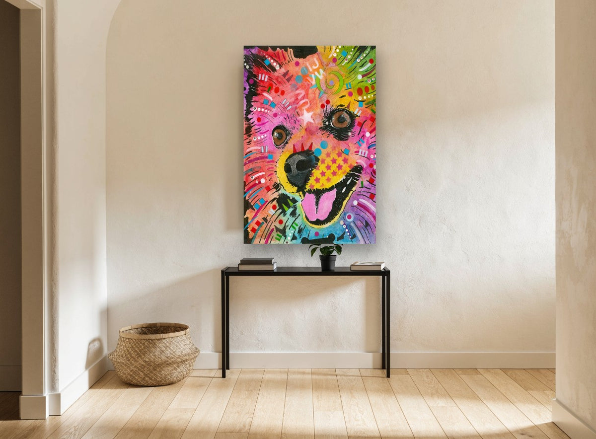 Rainbow Pomeranian Smile animal canvas print on the wall of a hallway