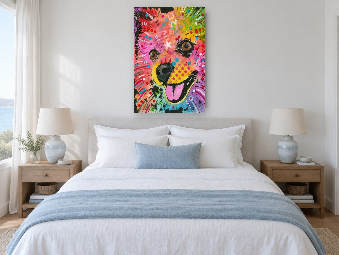 Rainbow Pomeranian Smile animal canvas print on the wall of a bedroom
