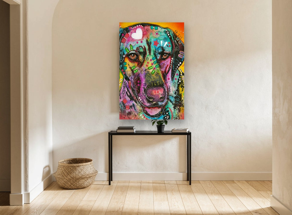 Pop Art Hound Portrait animal canvas print on the wall of a hallway