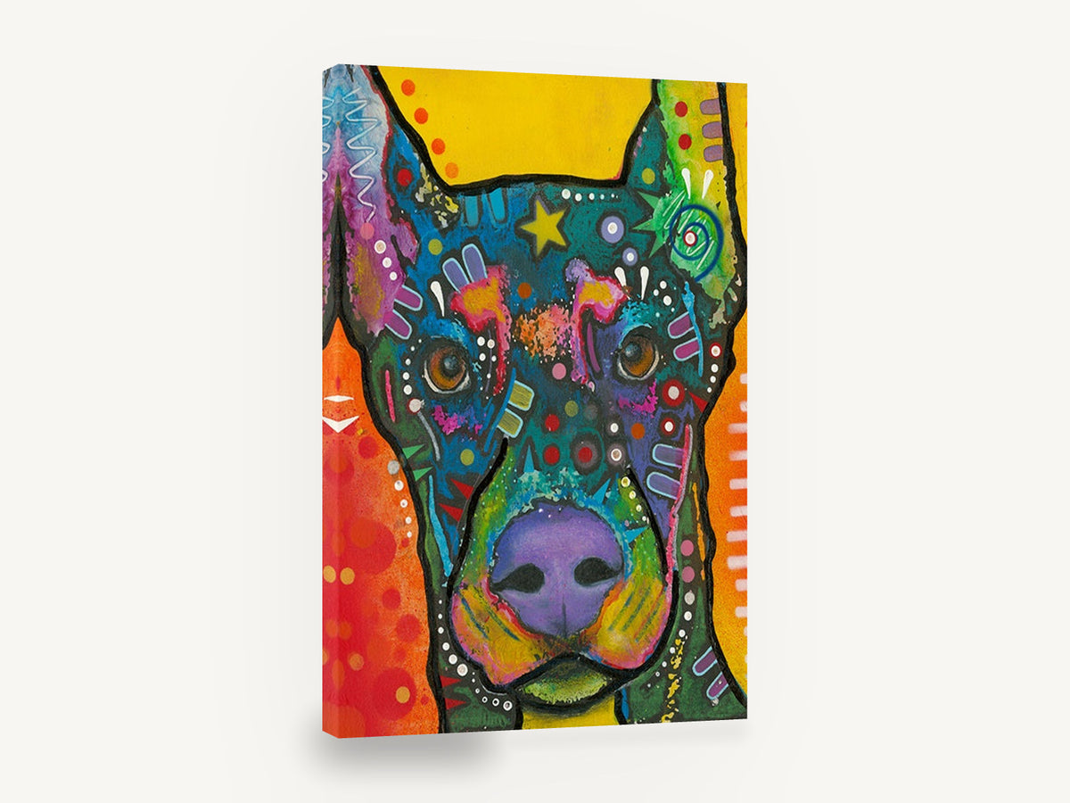 Neon Doberman Portrait, colourful pop art doberman portrait, animal canvas wall art print ready to hang