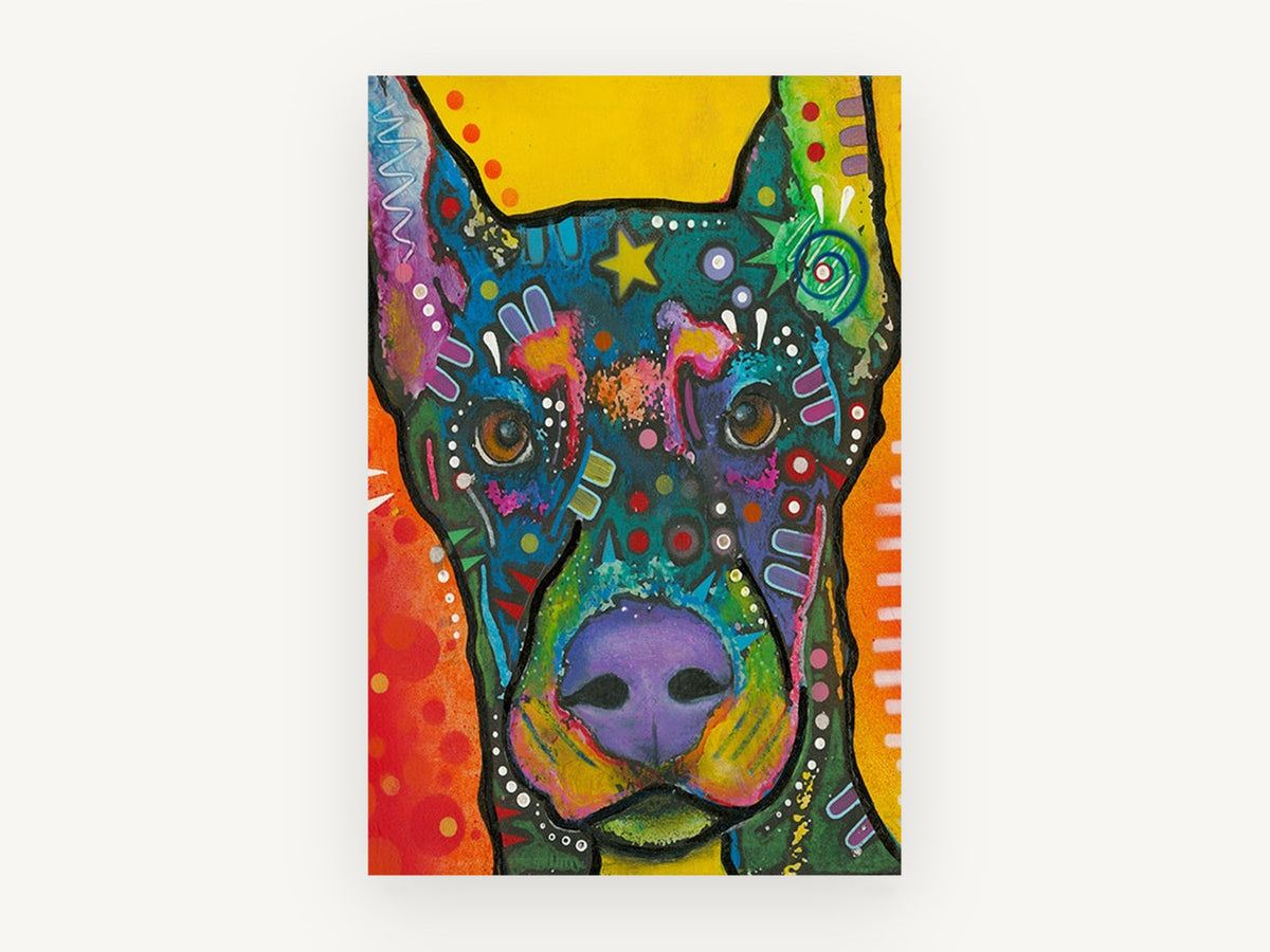 Neon Doberman Portrait, colourful pop art doberman portrait, animal canvas wall art print, front view