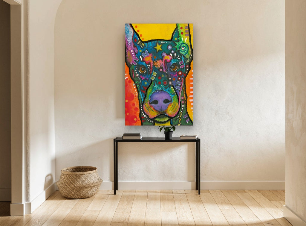 Neon Doberman Portrait animal canvas print on the wall of a hallway