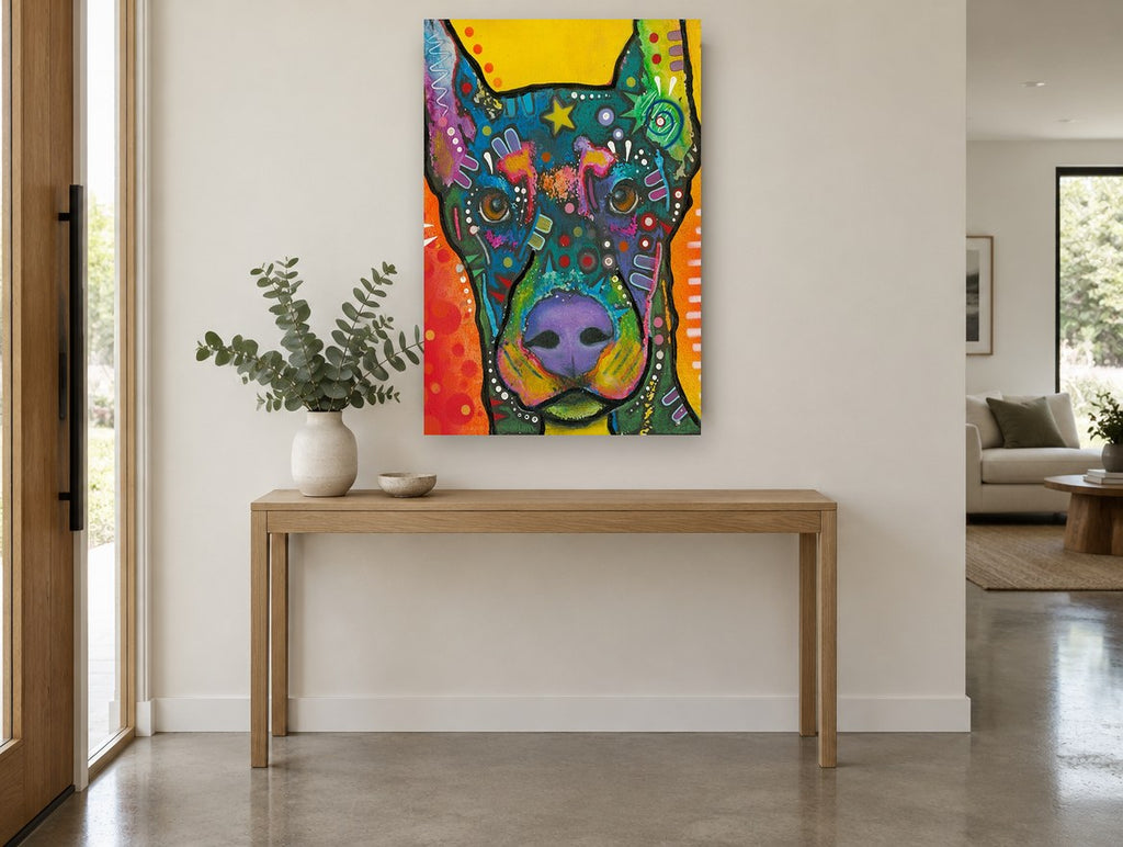 Neon Doberman Portrait animal canvas print on the wall of a entry hall