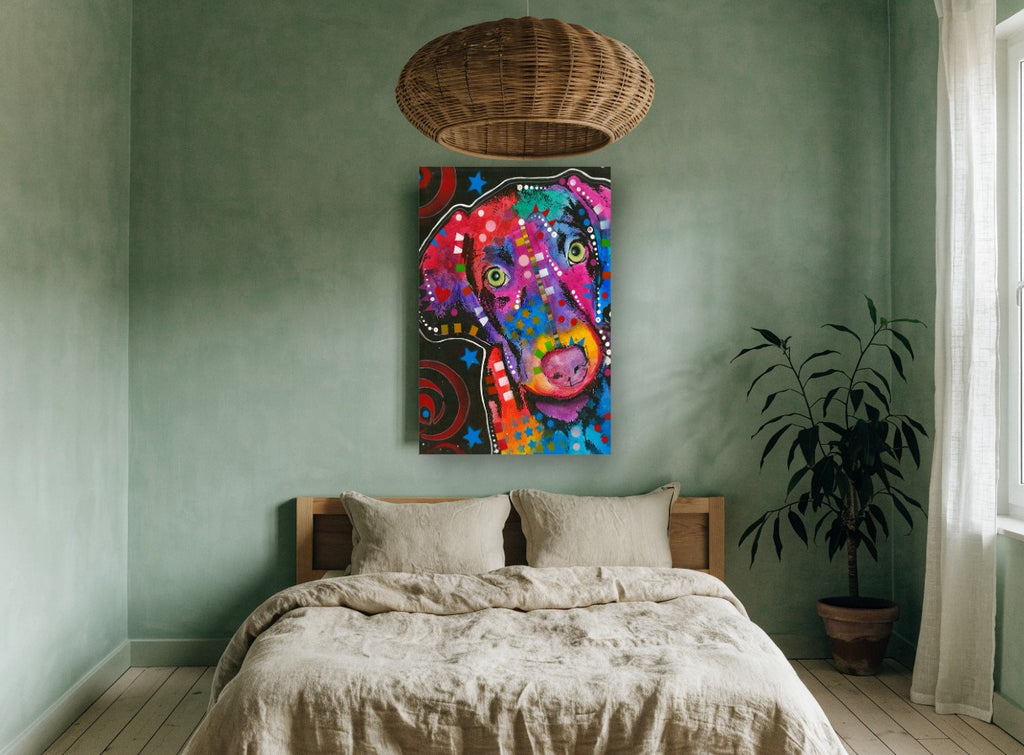 Rainbow Pop Hound animal canvas print on the wall of a bedroom