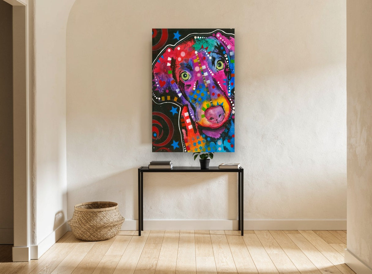 Rainbow Pop Hound animal canvas print on the wall of a hallway
