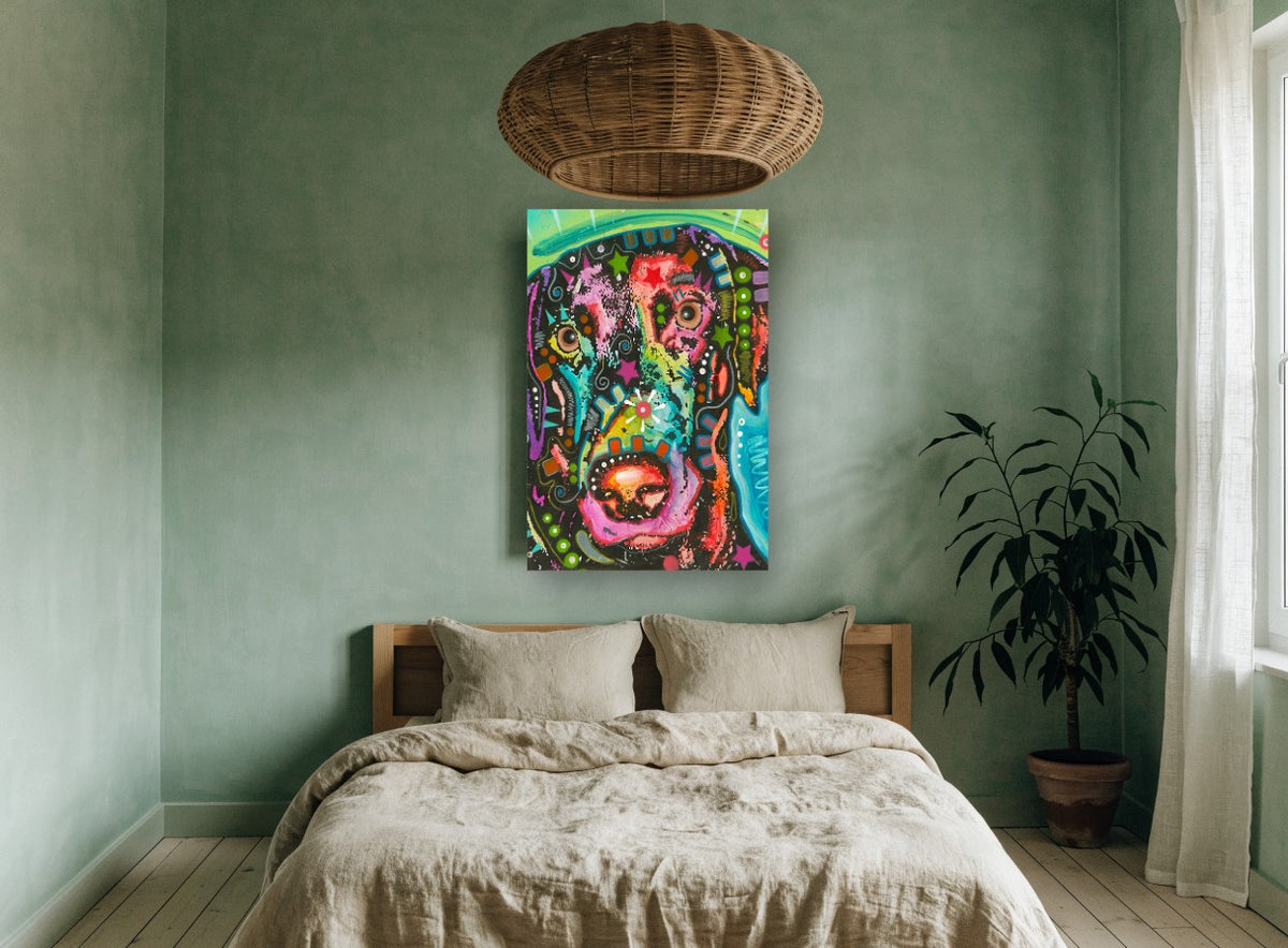 Neon Pop Hound animal canvas print on the wall of a bedroom