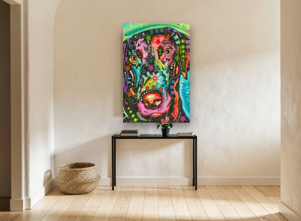 Neon Pop Hound animal canvas print on the wall of a hallway