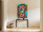 Neon Pop Hound animal canvas print on the wall of a hallway