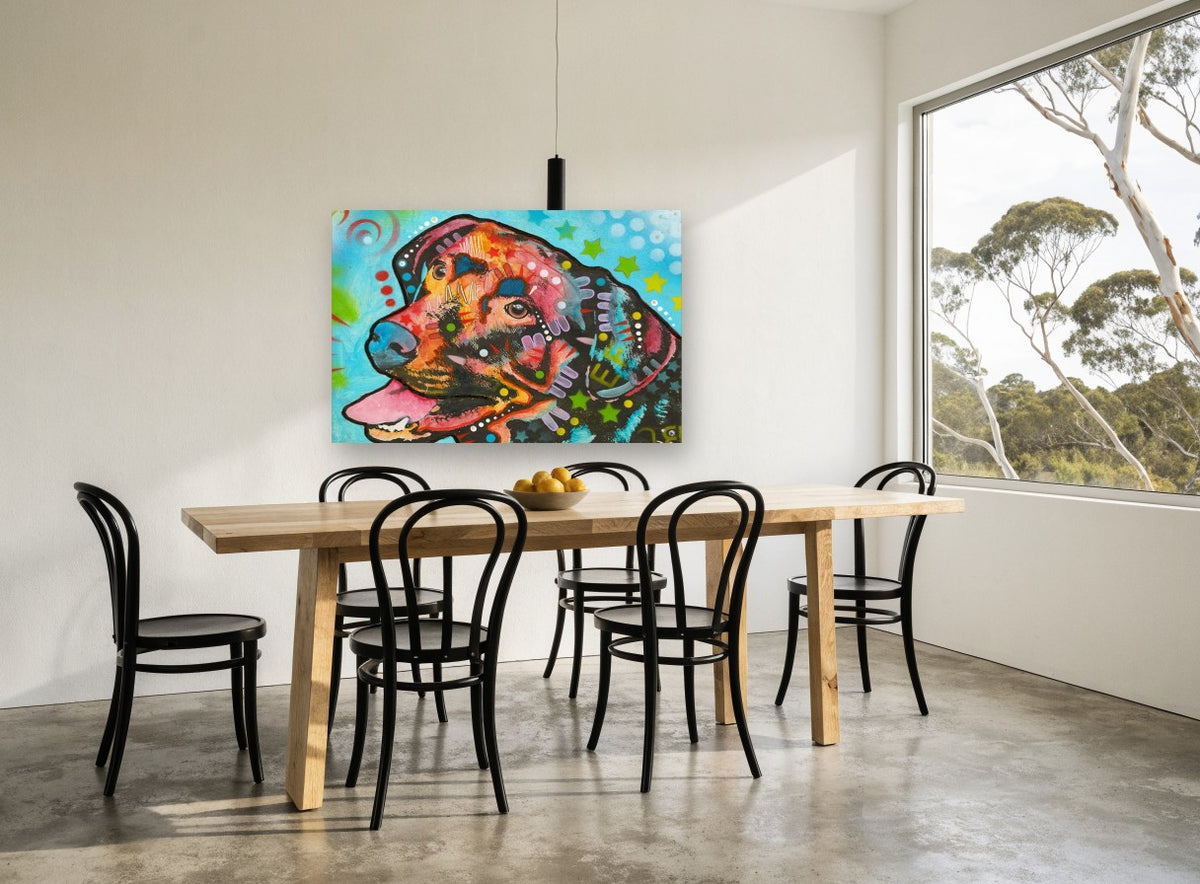 Starry Sky Labrador animal canvas print on the wall of a dining room
