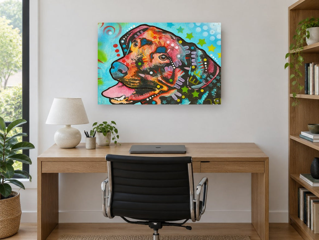Starry Sky Labrador animal canvas print on the wall of a study