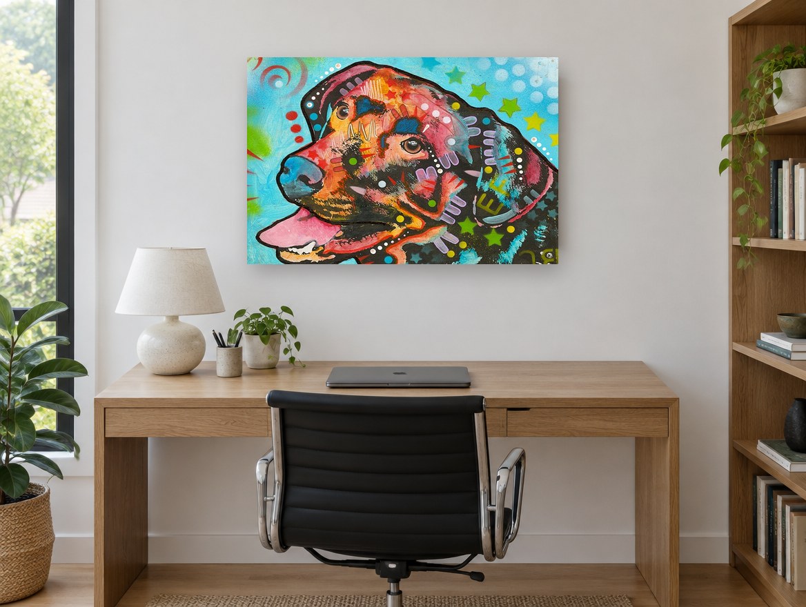 Starry Sky Labrador animal canvas print on the wall of a study