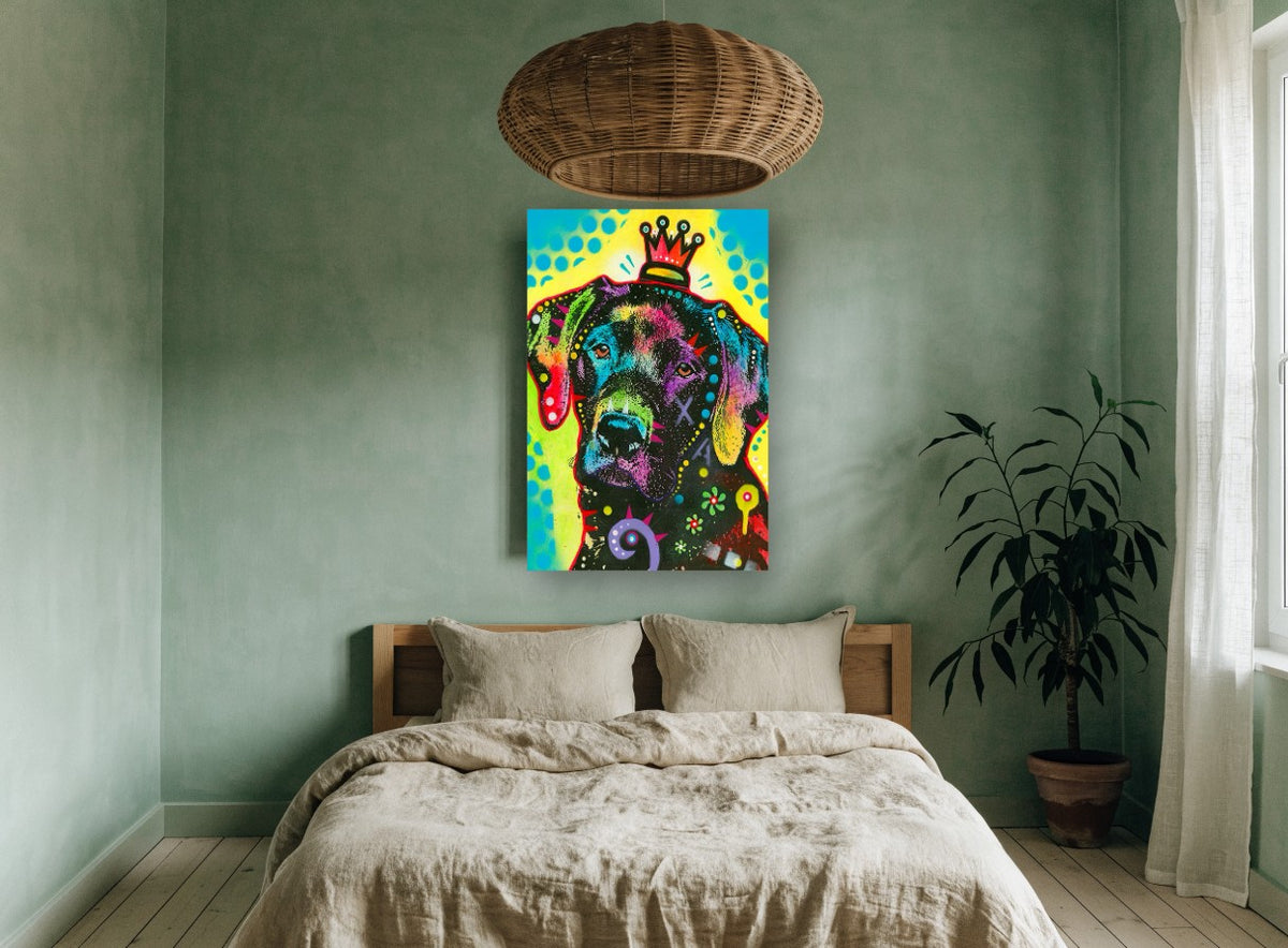 Crowned Pop Labrador animal canvas print on the wall of a bedroom