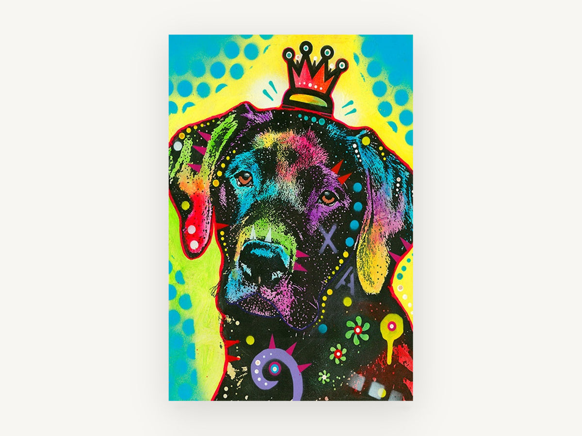 Crowned Pop Labrador, pop art black labrador portrait, animal canvas wall art print, front view