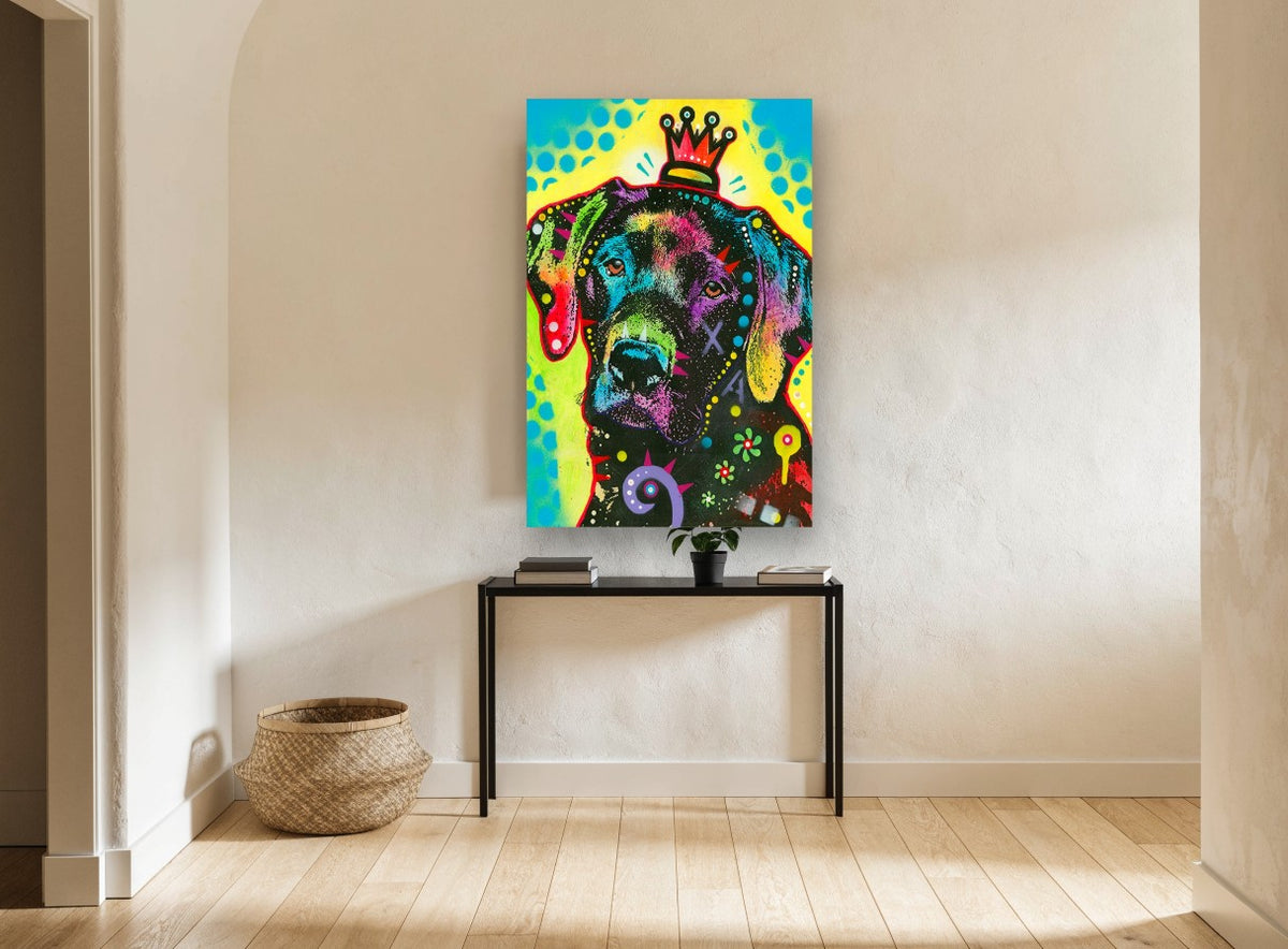 Crowned Pop Labrador animal canvas print on the wall of a hallway
