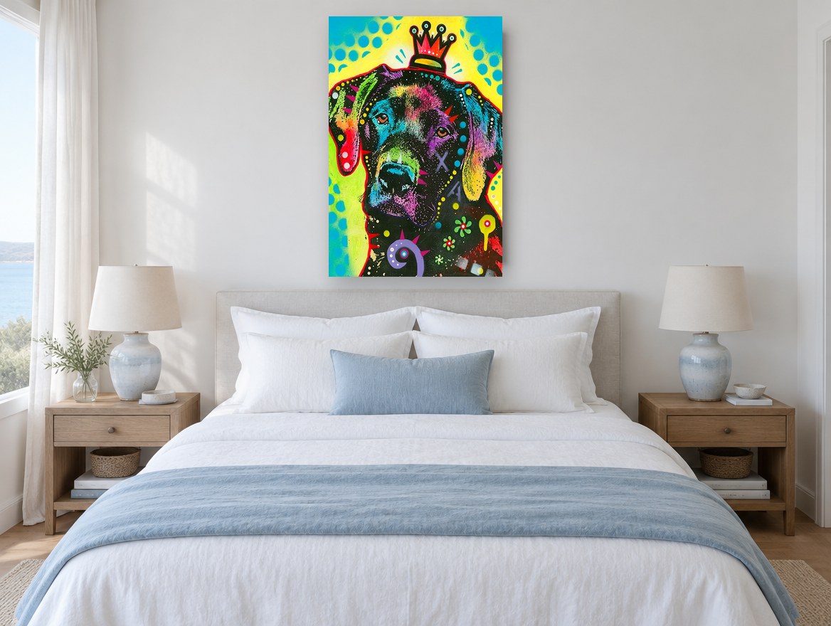 Crowned Pop Labrador animal canvas print on the wall of a bedroom