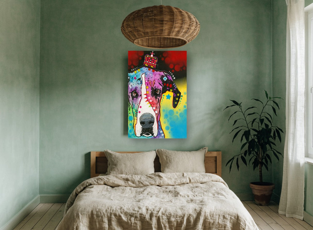 Crowned Great Dane Pop animal canvas print on the wall of a bedroom