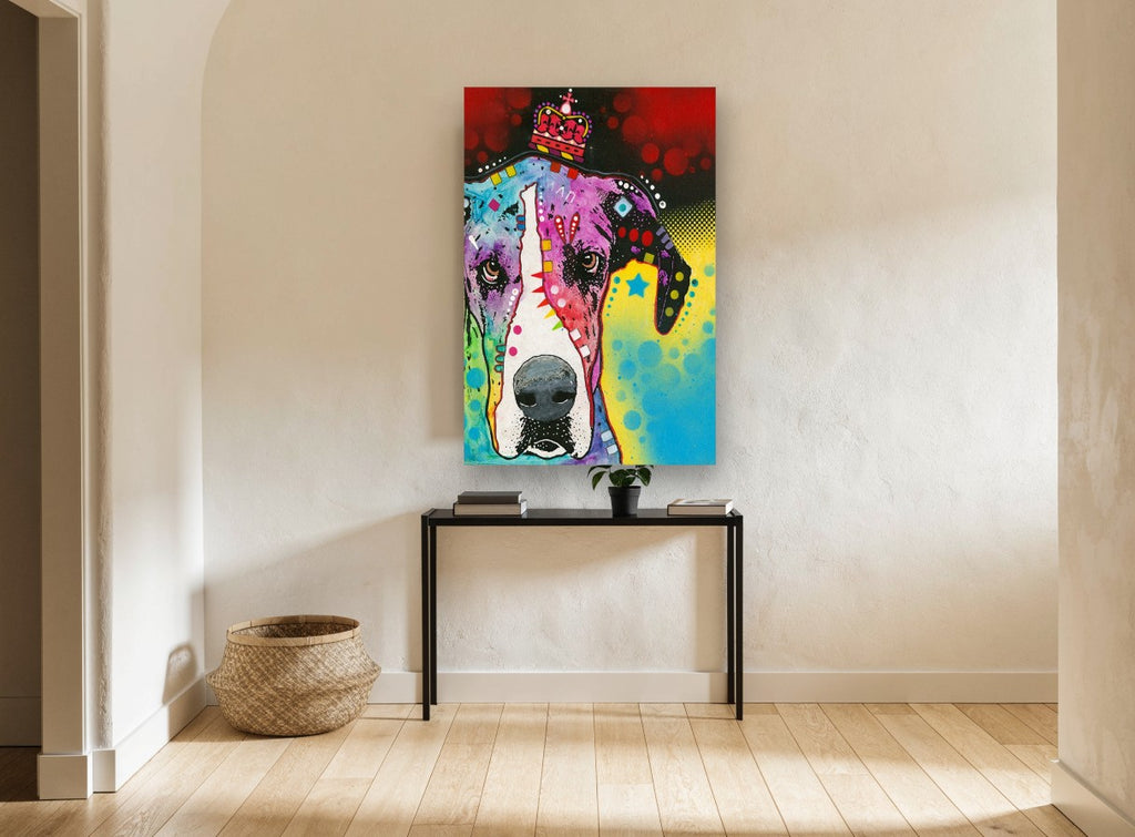 Crowned Great Dane Pop animal canvas print on the wall of a hallway