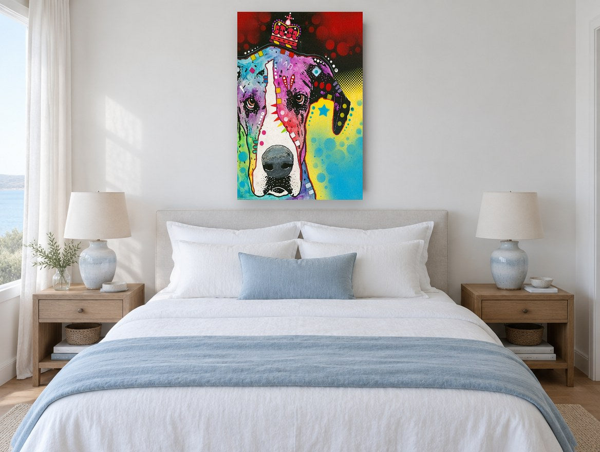 Crowned Great Dane Pop animal canvas print on the wall of a bedroom
