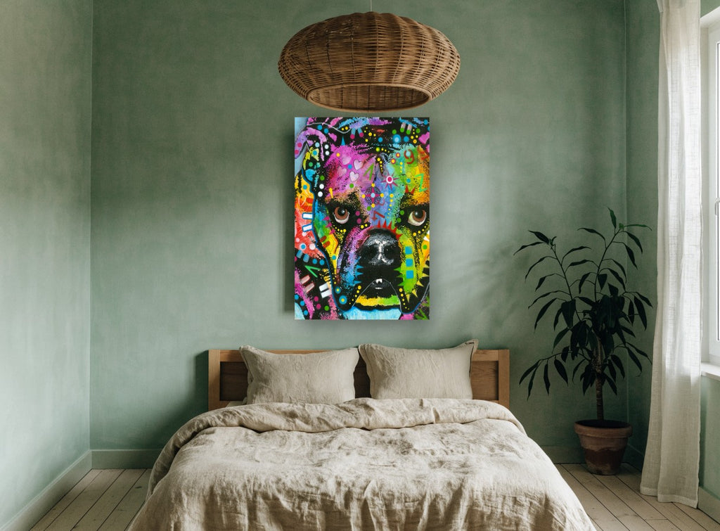 Neon Boxer Close-Up animal canvas print on the wall of a bedroom