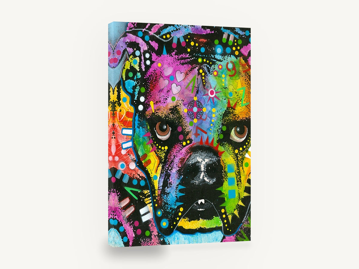 Neon Boxer Close-Up, colourful boxer dog pop art portrait, animal canvas wall art print ready to hang