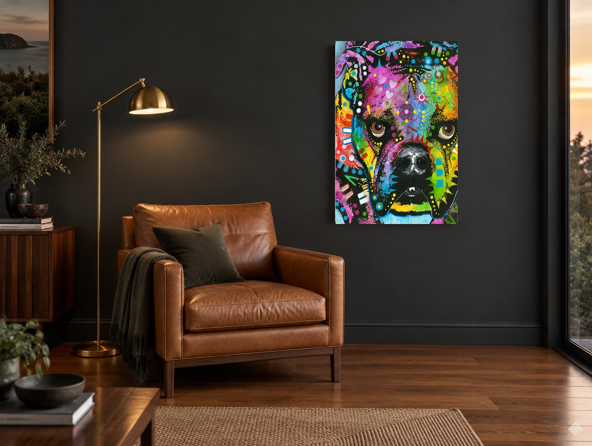 Neon Boxer Close-Up animal canvas print on the wall of a charcoal living room