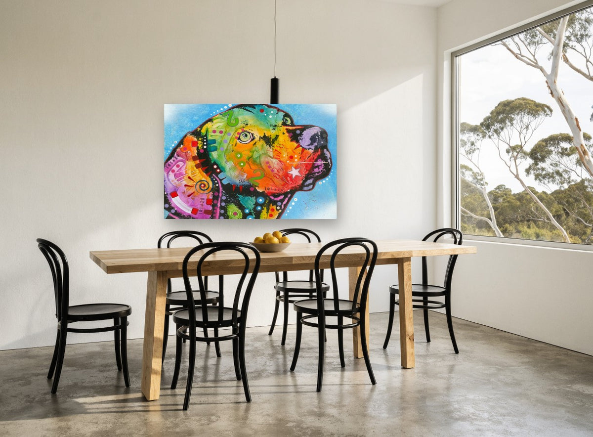 Rainbow Pup Profile animal canvas print on the wall of a dining room