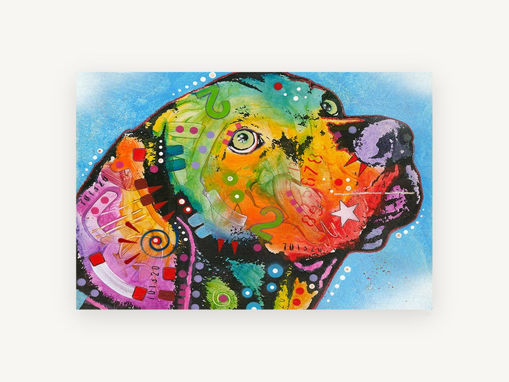 Rainbow Pup Profile, colourful pop art dog portrait, animal canvas wall art print, front view