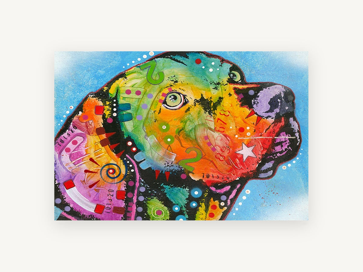 Rainbow Pup Profile, colourful pop art dog portrait, animal canvas wall art print, front view