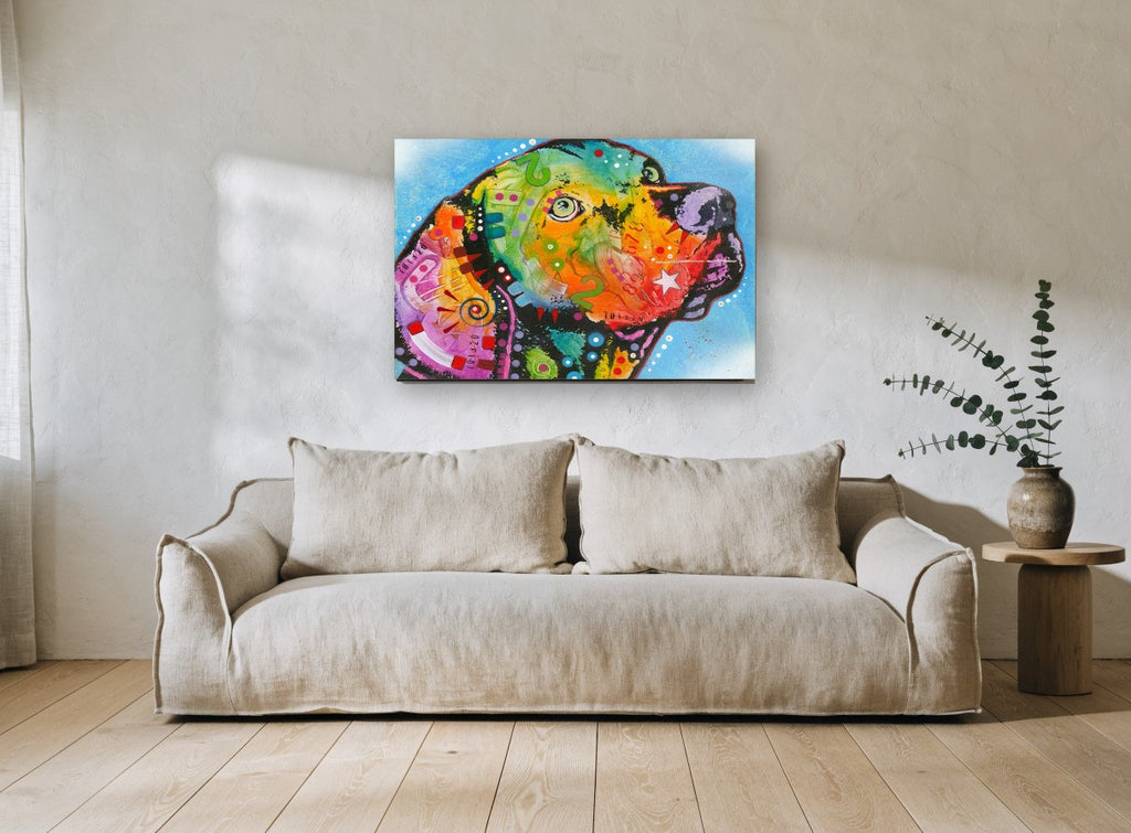 Rainbow Pup Profile animal canvas print on the wall of a living room