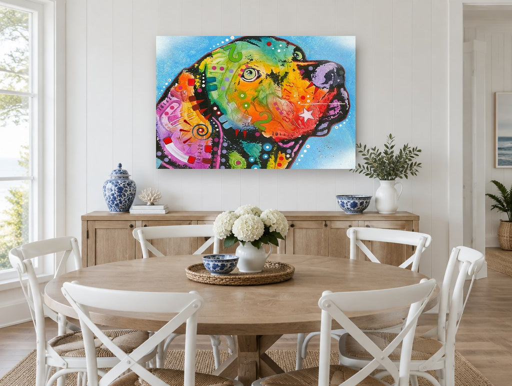 Rainbow Pup Profile animal canvas print on the wall of a Hamptons dining room