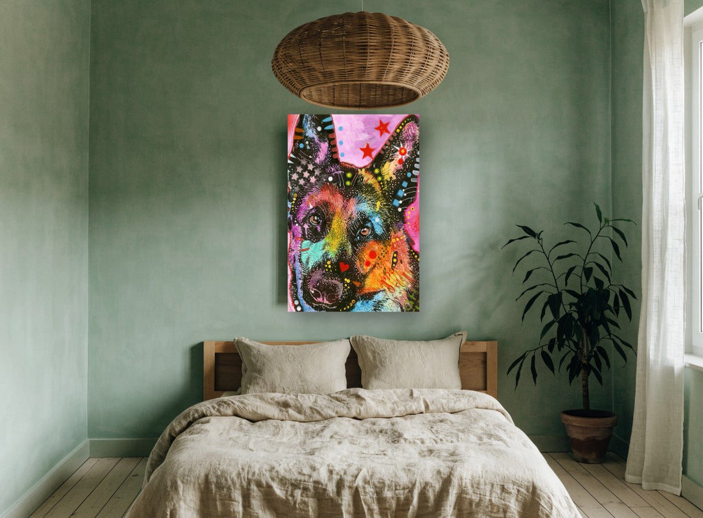 Neon Shepherd Pop animal canvas print on the wall of a bedroom