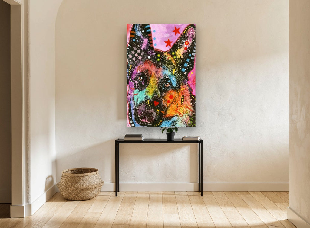 Neon Shepherd Pop animal canvas print on the wall of a hallway