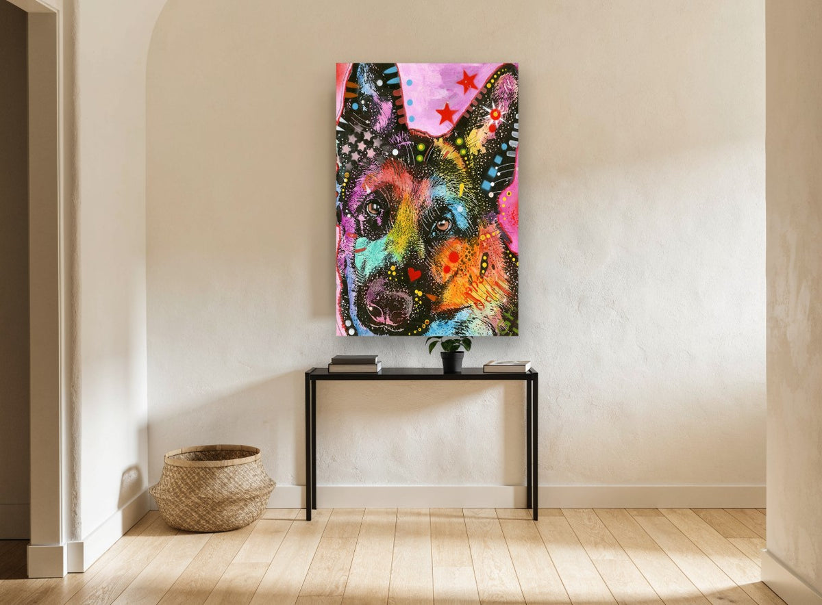 Neon Shepherd Pop animal canvas print on the wall of a hallway