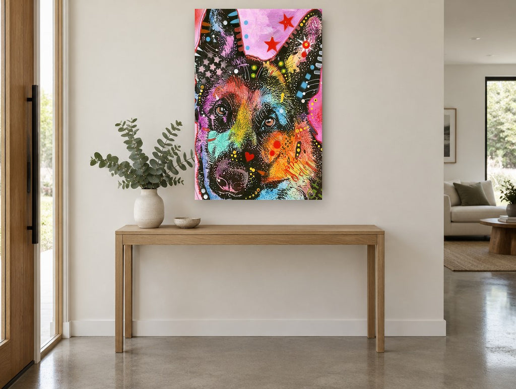 Neon Shepherd Pop animal canvas print on the wall of a entry hall