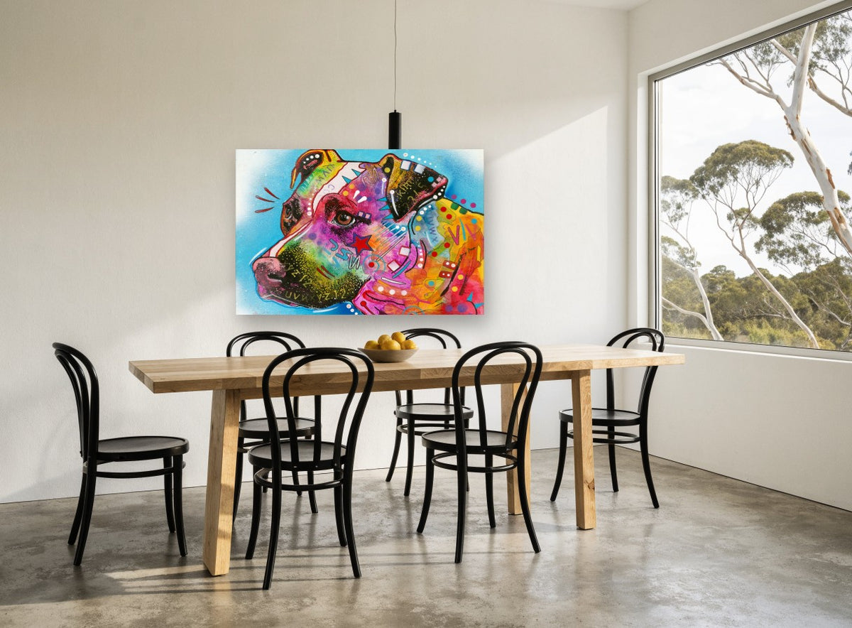 Bright Pop Pit Bull animal canvas print on the wall of a dining room