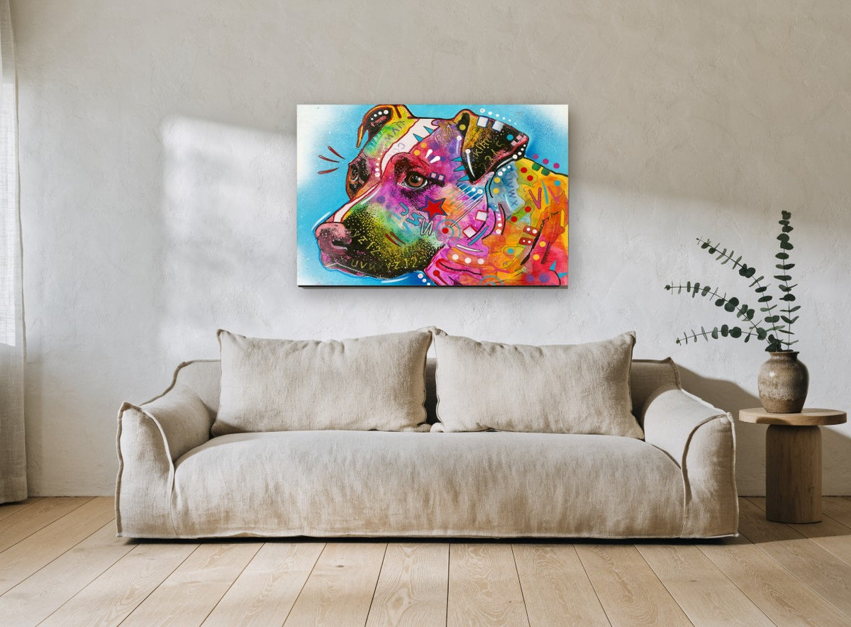 Bright Pop Pit Bull animal canvas print on the wall of a living room