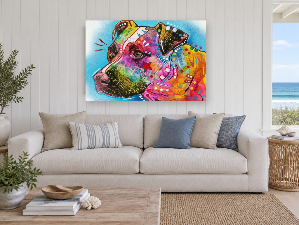 Bright Pop Pit Bull animal canvas print on the wall of a beach house living room