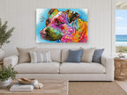 Bright Pop Pit Bull animal canvas print on the wall of a beach house living room