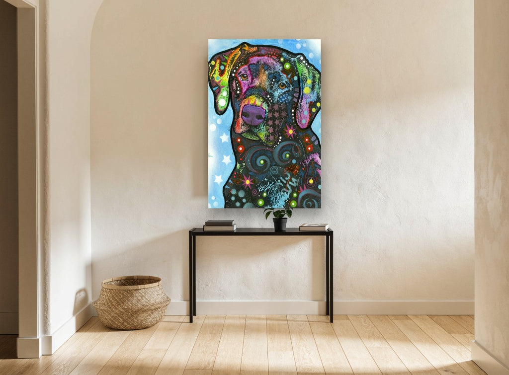 Rainbow Star Labrador animal canvas print on the wall of a hallway