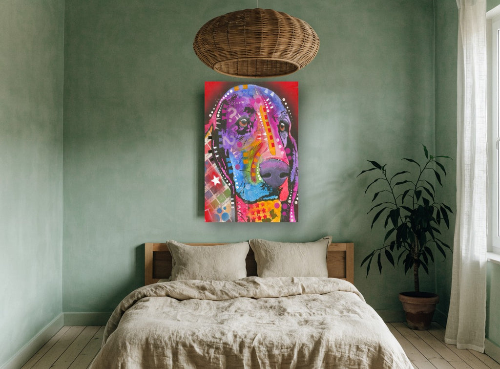 Neon Basset Pop Portrait animal canvas print on the wall of a bedroom