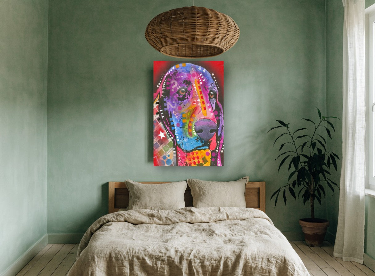 Neon Basset Pop Portrait animal canvas print on the wall of a bedroom