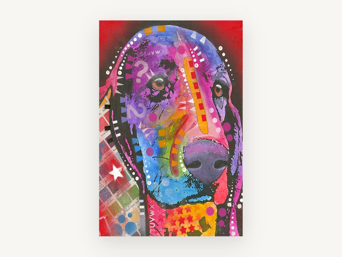 Neon Basset Pop Portrait, colourful basset hound pop art portrait, animal canvas wall art print, front view