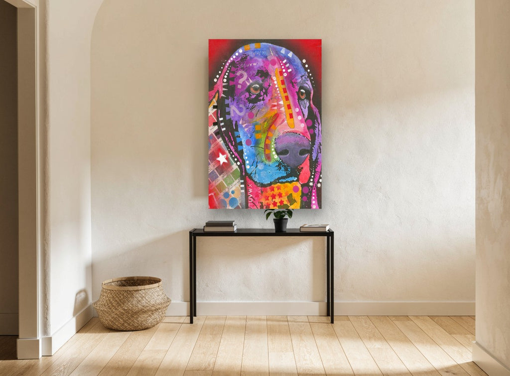 Neon Basset Pop Portrait animal canvas print on the wall of a hallway