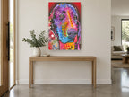 Neon Basset Pop Portrait animal canvas print on the wall of a entry hall