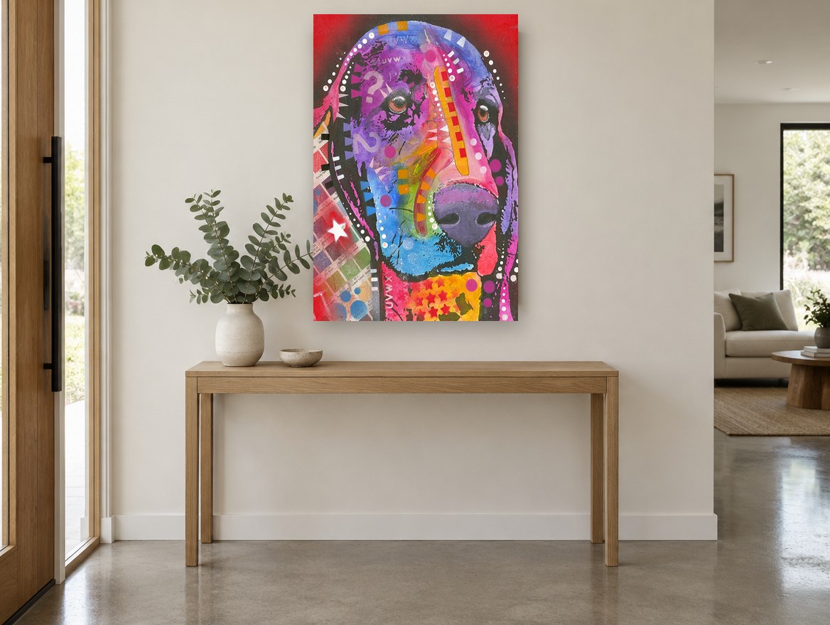Neon Basset Pop Portrait animal canvas print on the wall of a entry hall