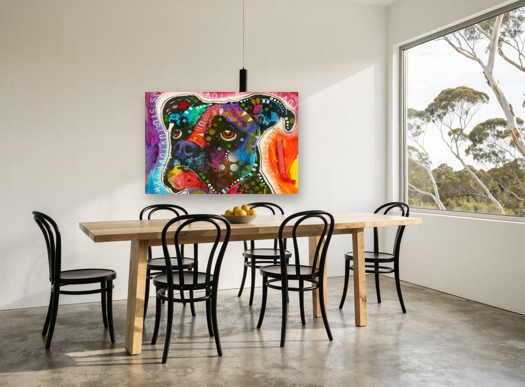 Pop Art Boxer Dog animal canvas print on the wall of a dining room